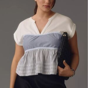 Anthropologie Pilcro Blue Striped Babydoll Cropped Blouse Small • Y2K Soft Girl